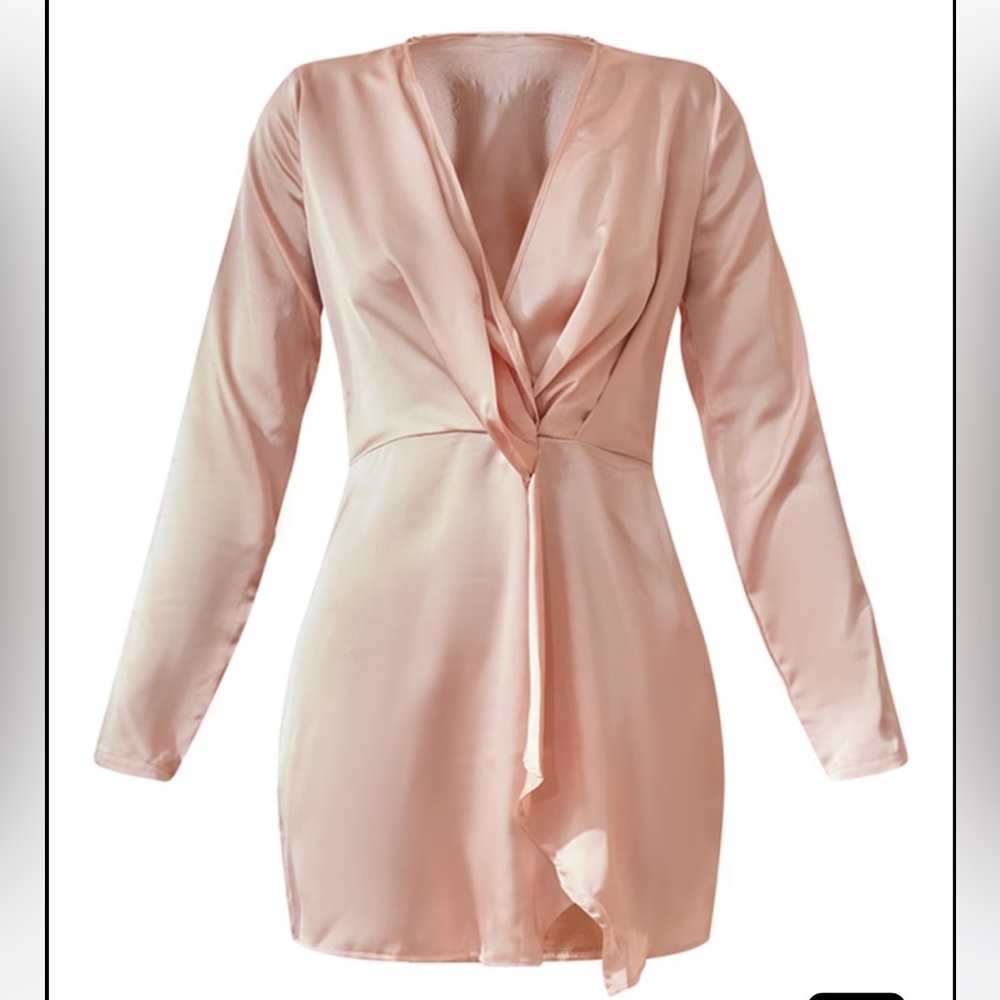Pretty Little Thing Light pink satin long sleeve wrap dress
